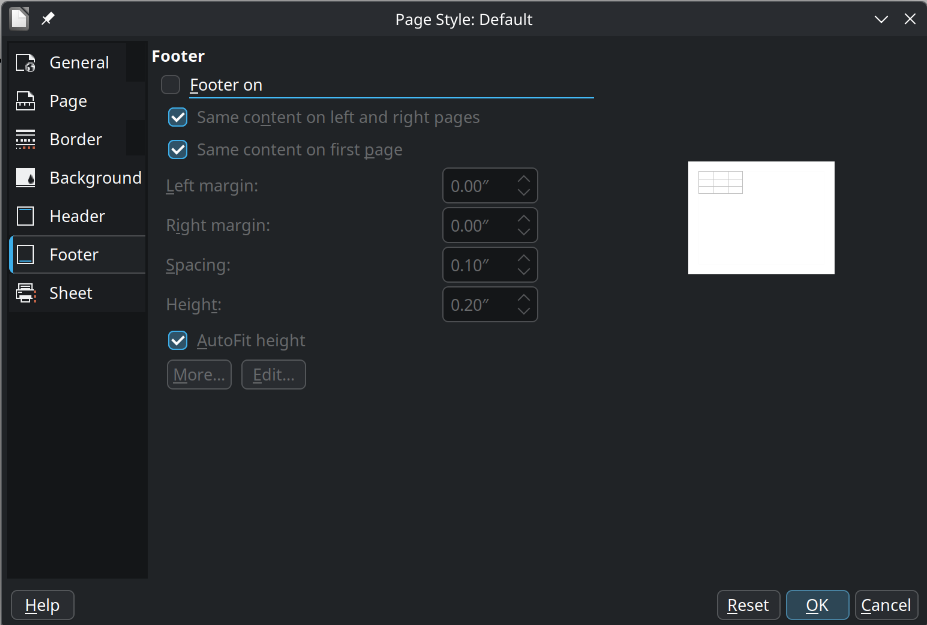 LibreOffice Calc Format Page dialog with the Footer tab selected.