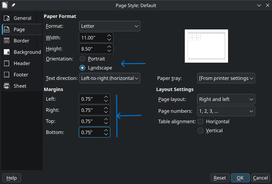 LibreOffice Calc Page Style dialog