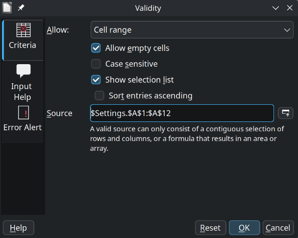 LibreOffice Calc Data Validity dialog